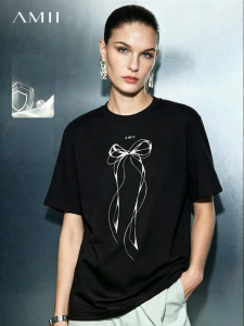 AMII | Round Neck Dot Fade Bow Print Cotton T Shirt