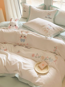 Fresh Cotton Bedding Set for Girls Dormitory Cartoon Print 4-Piece Quilt Cover Sheet Pillowcase Set Soft Breathable Bed Linens