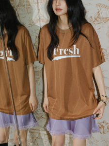 Summer Dopaamine Color Block Letter Print Short Sleeve Loose Casual Womens T-shirt Fashionable Original Design High Waist round Neck