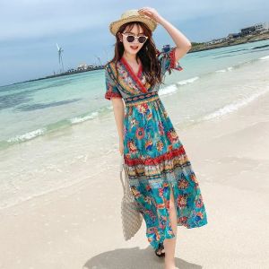 ELF TRIBE Floral Boho Dress for Women New Short Sleeve V-neck Chiffon Beach Dresses Vacation