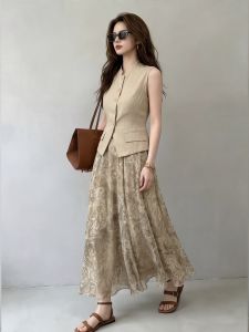DANTING | Vintage Style Sleeveless Vest and A-line Skirt 2-Piece Set