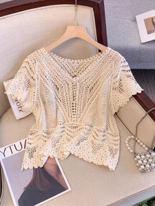 High-end Unique Design Trendy Versatile V-neck Lace Crochet Knit T-shirt
