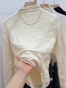 chaqi | Charme High Collar Lace Base Shirt Womens Fleece Lined Fashionable Long Sleeve Mesh Top Korean Style Commute Pure Color