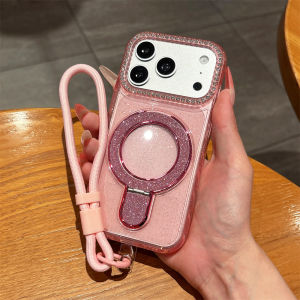Luxury Lanyard Magnetic Stand Glitter Phone Case For iPhone 17 Air 16 15 14 Plus 13 12 11 Pro Max Transparent Shockproof Cover