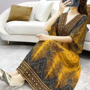 Cotton Silk Dress Plus Size WomenS  Summer New Style Ethnic Floral Mid-Length(M-XL)