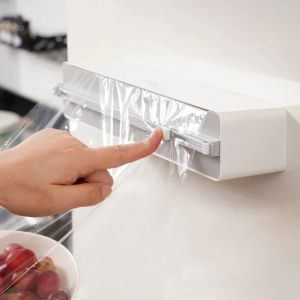 Wall Cling Film Dispenser Wrap Cutter Aluminum Film Foil Dispenser Wall Magnetic Stretch Roll Paper Shelf Kitchen Storage Tool