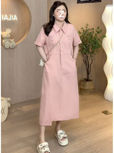 พลัสไซส์ เดนิม เดรส ผู้หญิง ฤดูร้อน พรางหุ่น ยาว กระโปรง แขนสั้นเอวสูงคลุมท้อง สไตล์เกาหลี รายละเอียดปุ่ม กระโปรงทรงเอ