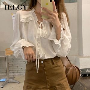 IELGY Elegant Gentle V-neck Lace Shirt Womens Loose Strap Trumpet Sleeve Long Sleeve Top