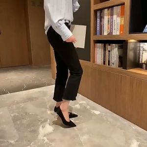 Black New Pattern Silk and Satin 2 Inches Closed Heels for Women Stiletto Pointed Toe