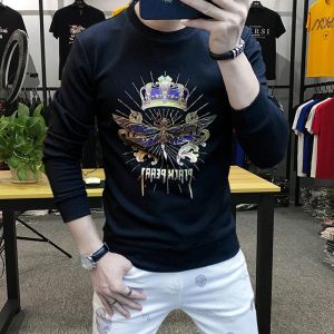 Trendy Brand Mens Sweatshirt Loose Fit Long Sleeve Round Neck Diamond Embellished Casual Versatile Autumn New Arrival