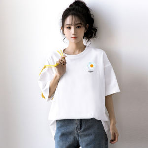 Summer 2025 Loose Womens T-shirt Daisy Print Black Short Sleeve BF Style Five Half Sleeve Student Cotton Polyester Casual Top