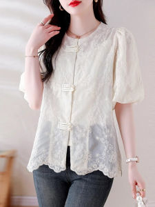 Áo Sơ Mi Ren Tay Bồng Cổ Tròn Tay Ngắn Dành Cho Nữ Mùa Hè Mới Phong Cách Trung Hoa Mới Áo Sơ Mi Nhỏ Mới