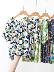 Loose Fit Short Sleeve Womens T-Shirt Summer New Style Artificial Silk Bubble Sleeve One Shoulder Casual Print Thin Top