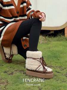 รองเท้าบูทหิมะผู้หญิง ทรงหนา ป้องกันการลื่น บุขนแกะ รองเท้าบูทกลางน่อง แฟชั่น ฤดูหนาว 2025 รองเท้าบูทหิมะใหม่จาก Sheep Shop