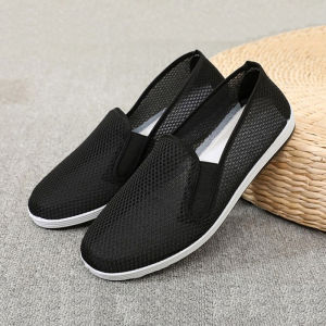Old Beijing Cloth Shoes Mens Spring and Summer Mesh Slip-on Dad Single Shoes Non-Slip Mesh Breathable Black Cloth Work Board Shoes