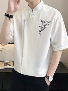 New Chinese Style Mens Ice Silk Short Sleeve Shirt Stand Collar Trendy Summer Brand Loose Fit Button Decorated Polyester Blend Fiber
