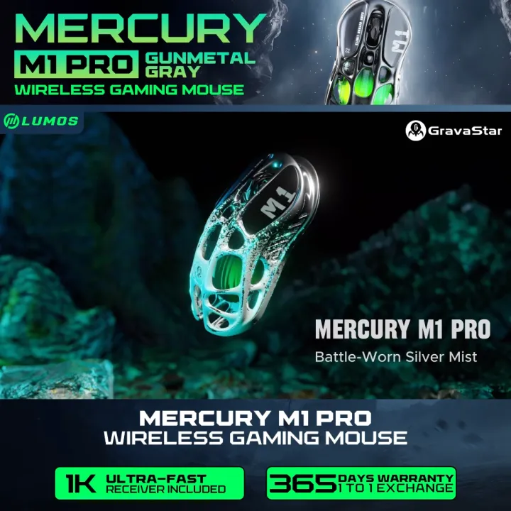 GravaStar Mercury M1 Pro Gunmetal Gray Wireless Gaming Mouse MICE 5 Light Mode Highly Sensitive PAW3395