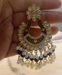 Gold color based statement stud earring with black beads & pearls - Traditional Indian style
