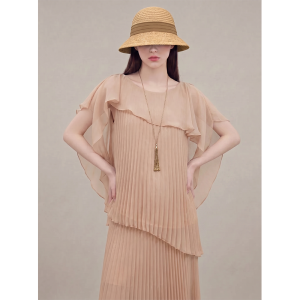GULILI | Nude Color Ruffled Hem Chiffon Top Pleated Skirt Set
