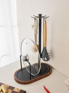 Walnut Wooden Multi-Functional Kitchen Countertop Pot Lid Holder Rotating Hook Spice Rack Storage Shelf for Cutting Board