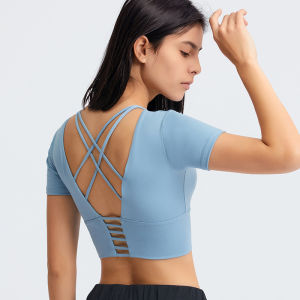 2025 New Lululemons Với Miếng Đệm Ngực Chéo Làm Đẹp Lưng Thể Thao Tay Áo Ngắn Chạy Thể Thao Đào Tạo Thể Dục Yoga Quần Áo Áo Phông DS070