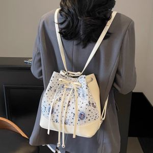 New Chinese Style Bucket Bag Womens Fashionable Single Shoulder Travel Bag Retro Trendy Mixed Material Casual Daily Use