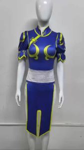 Womens Street Fighter Chun Li Cosplay Costume Game Fighter Chunli Blue Cheongsam with Headdress and Waistband Halloween Costume