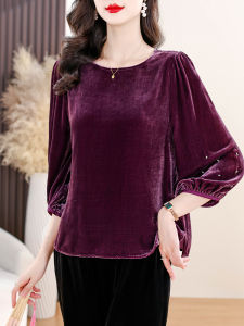 Fashionable Velvet T-Shirt Womens Autumn New Style Vintage Loose Casual Middle-Aged Mom Top Seven-Sleeve round Neck Pullover