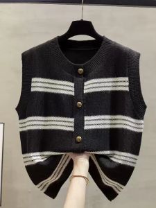 Black Striped Knitted Open Cardigan Vest Womens Loose Outerwear Shirt Shoulder Sweater Top Commute Style Tie Dye Fabric