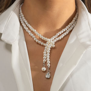 Imitation Pearl Beads Chain with Crystal Pendant Necklace for Women Long Tassels Necklaces 2024 Fashion Jewelry Neck Accessories