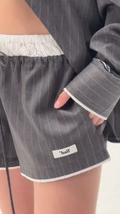 Ahalf - Stripe lace layered shorts กางเกงขาสั้นลายทางดีเทลต่อขอบลูกไม้