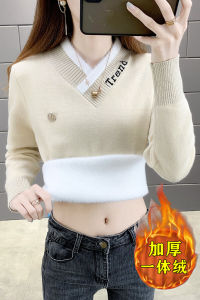 Womens Thickened Fleece Sweater V-Neck Pullover Warmth-Boosting Straight Cut Long Sleeve Top Resin Color Locking Fiber