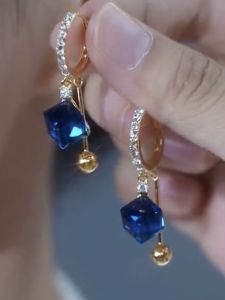 Graceful and Fashionable Blue Full Diamond Square Crystal Ear Clips: Niche Design Ball Earrings for Socialite Style