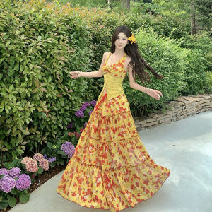 ชุดเดรสยาวแขนกุดผ้าโพลีเอสเตอร์ลายดอกไม้สุดหรูหรา ชุดเดรสยาวคลุมเข่าสไตล์วันหยุดสุดเก๋สำหรับผู้หญิง