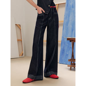 ELLE French Style Womens Denim Pants Wide Leg Anti-Fading Belted Tencel Cotton Blend Autumn Winter New Arrival Office Wear
