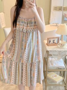 ฤดูร้อน 2024 ใหม่ ผู้หญิง ชุดนอน ผ้าฝ้าย ผ้าไหม ชุดนอนคอกลมแขนยาว กระโปรง ความยาวสบาย ระบายอากาศได้ดี ชุดราตรี