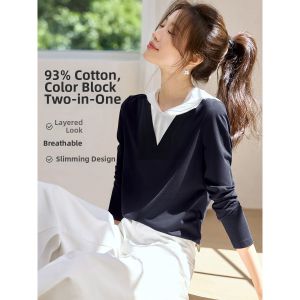 MOHANYIMEI | Color-blocked Hooded Tunic Tee Shirts Women Long Sleeve