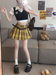 American Retro Gingham Pleated Skirt Female Preppy Style A- line Skirt High Waist Slimming Sense of Design Exposure-Proof Skirt