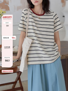 Elegant Red Stripe T-Shirt Womens Summer New Simple Retro Casual Short Sleeve Top LILI EDIT Commute Style Pure Cotton Fabric