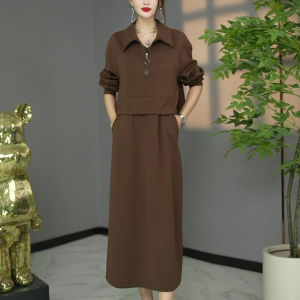 MAIMEI | Fashionable Anti-Aging Two-Piece Set Dress Womens Autumn Clothes New Young Mom Casual Sports Suit Skirt Polyester Fiber A-Line Skirt Long Sleeve Mid-Length Polo Collar A-Frame 3D Effect