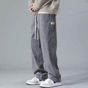 [Buy one take one ] Men’s Labeling Corduroy Pants For Men Stripe Texture Korean Khaki Baggy Straight Cut Slacks Sock