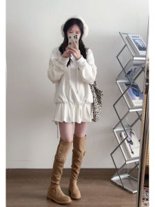 Sweet Bicolor Long Sleeve Hooded Dress Womens New 2024 Pleated Skirt Style  Style Midi Dress White Color