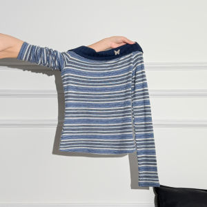 La Chapelle Color Block Striped One Shoulder Long Sleeve T-Shirt Womens Base Shirt Slimming Shoulder Exposure Top