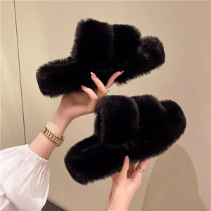 Womens Fluffy Slippers Flat Bottom Home Wear Autumn Winter New Style Versatile White Plush Cotton Slippers Korean Style