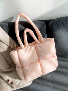 Autumn Winter Nylon down Bag Womens Large Grid Tote Casual High Capacity Single Shoulder Bag Leisure Style Soft Handle Purse