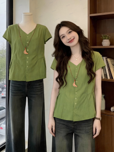 V Neck Short Sleeve Slim Fit Shirts for Plus Size Women