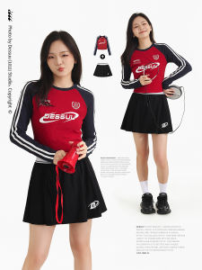 DESSUU American Retro Hot Girl "Red Black Obsidian" Cool Sweet Long Sleeve Short T-shirt Elastic Slim Fit Womens Streetwear