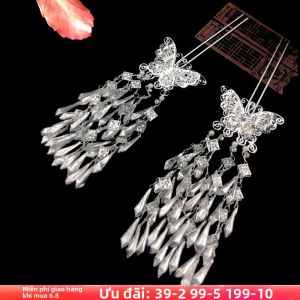 Phụ Kiện Tóc Phong Cách Cổ Điển Trung Hoa Dài Tua Rua Hình Bướm Bằng Bạc Dân Tộc Miao Phụ Kiện Tóc Thường Ngày Cho Trang Phục Hanfu