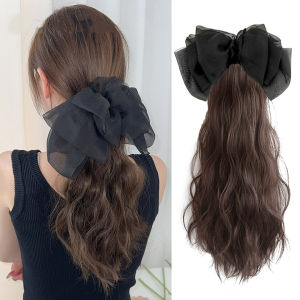 Wig for Woman Hair Extension Human Hair Washable Curly Claw Clip Ponytail Hair Extensions long Curly hair Natural bow Tail False Hair Horse Tail Black Hairpiece