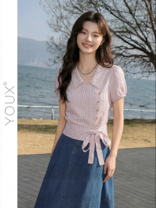 YOUXIANG | Áo Sơ Mi Ngắn Tay Chéo Sọc Nhỏ
